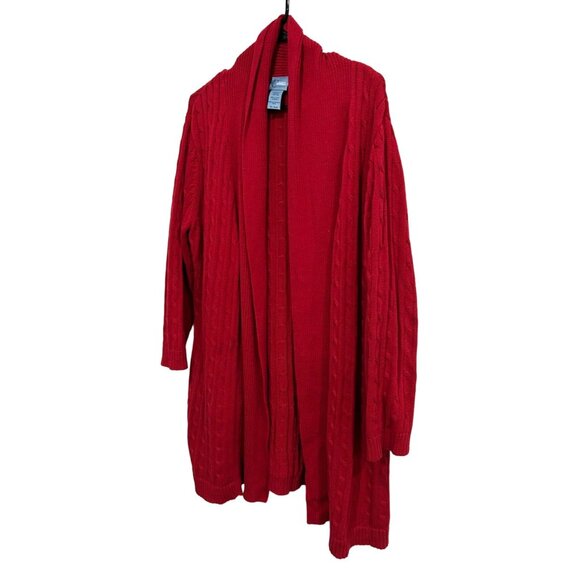 Classic Elements Red Cotton Cable Knit Open Front Long Cardigan Sweater Size 14W - Picture 3 of 9